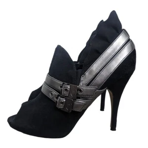 Baby Phat - Black 4.5in Open Toe Bootie Heel With Pewter Buckle Straps Size 7M - Picture 1 of 8