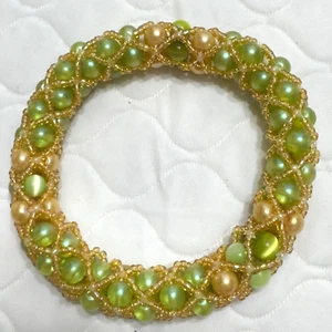 Handmade Bracelet BEADS GOLD ORANGE GREEN PEACOCK THICK Beadwork - Picture 1 of 8