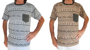 100% Baumwolle Grau Oder Brown mit Schwarz Zick-Zack Streifen HERREN T, Größe M - Picture 1 of 7