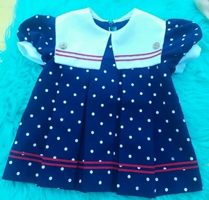 Vintage Wonderland Fashions Girls Doll Sailor Dress Nautical Size 2T Navy Polka - Picture 1 of 7