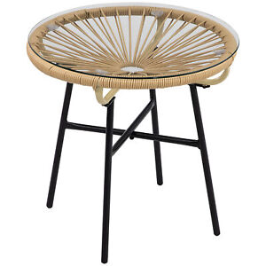 Outsunny Rattan Side Table w/ Round PE Rattan and Tempered Glass Table Top