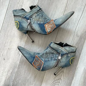 El Dantes Heels (Gr. 38) Denim Stiletto Boots Patch Vintage Y2K Avantgarde - Bild 1 von 8