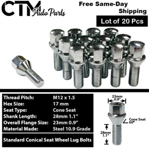 20x BMW Mini Chrome 12x1.5 Wheel Lug Bolt 28mm Shank Cone Seat Fit E-Body Trim - Picture 1 of 5