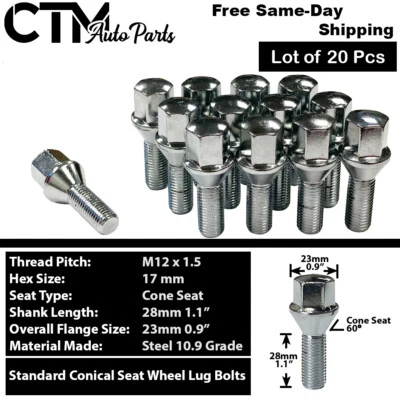 20x BMW Mini Chrome 12x1.5 Wheel Lug Bolt 28mm Shank Cone Seat Fit E-Body Trim - Image 1 of 4