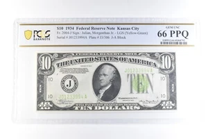 1934 $10 Kansas City FRN Fr#2004-J Gem Unc 66 PPQ PCGS *6075 - Picture 1 of 3