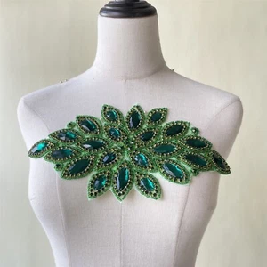 Green Oval Rhinestone Heavy-duty Beaded Patch DIY Costume Evening Dress Applique - Picture 1 of 4