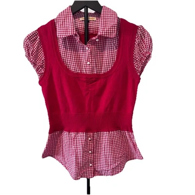 Love By Design Girls Gingham Layered Top Size Large. Red Sweater Short Sleeve - Image 1 of 4