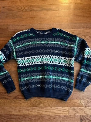 Vtg 90s GAP Kids  Sweater FAIR ISLE Blue Green Gray Cotton XL Boys Knit - Image 1 of 4