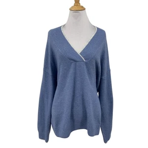 Vince Camuto Sweater Womens M Medium Blue Jay White V Neck Pullover Ribbed Trim - Picture 1 of 10