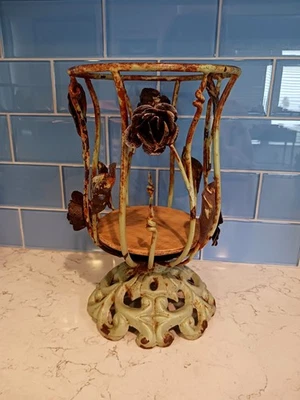 Ornate Iron Plant Stand French Country Farmhouse Planter Chippy Green W Flowers - Image 1 of 4
