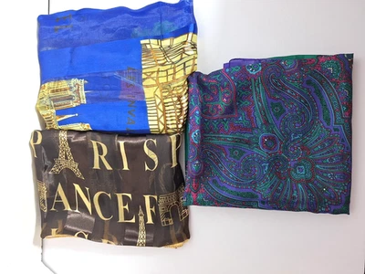 LOTE DE 3 Bufandas Satinadas Grandes Moda París Paisley Londres Dinero Antiguo Trabajo Clásico Foto 1 de 4