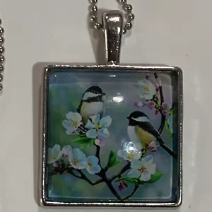 Bird Couple White Flowers 1” Square Glass Cabochon Silver Pendant 22” Necklace - Picture 1 of 2
