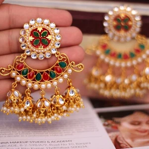 Indian Style Gold Plated Kundan Jhumki Jhumka Earrings Sets Women Ethnic Jewelry - Picture 1 of 3