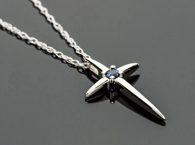 Religious Cross Pendant Necklace with Blue Sapphire Solid 14K White Gold 18 Inch - Image 1 of 4