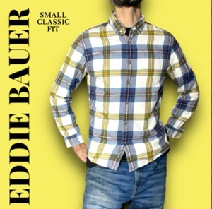 Eddie Bauer Mens Flannel Shirt Small Blue Gold Yellow Classic Fit Cotton Plaid - Picture 1 of 11