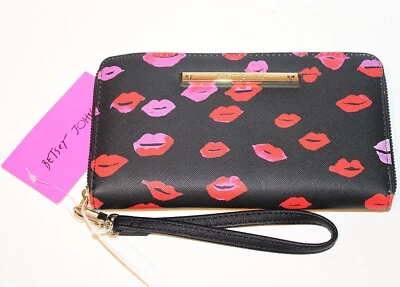 Betsy Johnson Wallet Clutch Purse Lips Saffiano Pink Red Black Zippered NEW NWT - Image 1 of 4