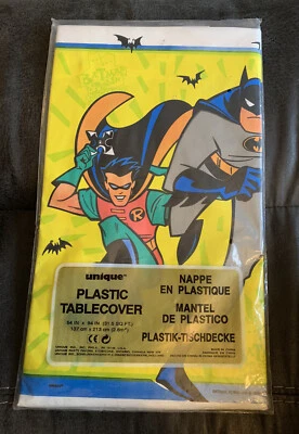 Funda de mesa de plástico única 54 en X 84 en 1997 Batman y Robin nueva en paquete stock antigua Foto 1 de 4