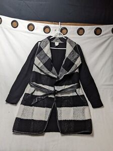 Chico's Blazer Sweater Women's Size 0 Black/White Plaid Belted Waist Long Sleeve