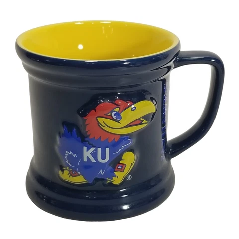 KU Kansas University Jayhawks 3D Relief Coffee Mug Cup Blue & Yellow 11oz Cover
