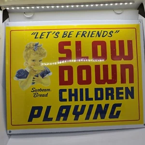 VINTAGE SUNBEAM PORCELAIN BREAD SIGN SLOW DOWN CHILDREN PLAYING BAKERY GAS OIL - Picture 1 of 14