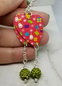 Christmas Guitar Pick Earrings with Green Pave Bead Dangles - Picture 1 of 4