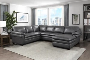 LARGE PLUSH DARK GRAY TOP GRAIN LEATHER MATCH SOFA CHAISE LIVING ROOM FURNITURE - Picture 1 of 7