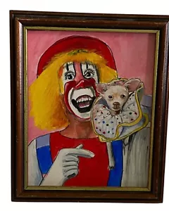Zirkus Clown & Chihuahua Hund von Jean Offner Gemälde Vintage 2003 Rahmen 12” x 9,5” - Bild 1 von 13
