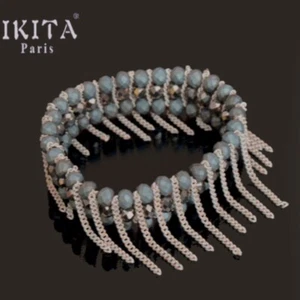 Bracelet IKITA Paris Glass Pearls FACET Metal Chains Elastic Bangle Silver - Picture 1 of 1