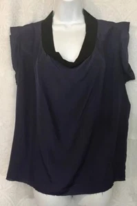 Lanvin Blouse Navy Cap Sleeve Silk Black Trim Neck Size 42 - Picture 1 of 7