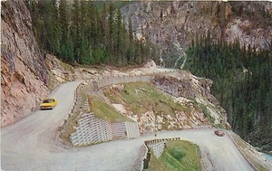 Postcard Switchbacks Road to Takkakaw Falls Yoho Valley Canadian Rockies old car - Picture 1 of 2