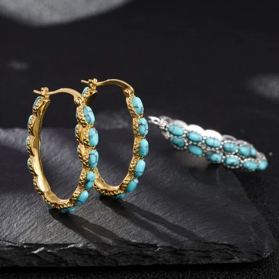 925 Sterling Silver Turquoise Hoop Earrings Handmade Jewellery Gift For Her - Image 1 of 4