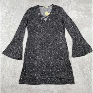MICHAEL KORS Black Paisley Print Bell Sleeve V-Neck Dress Size L MSRP $125 - Picture 1 of 7