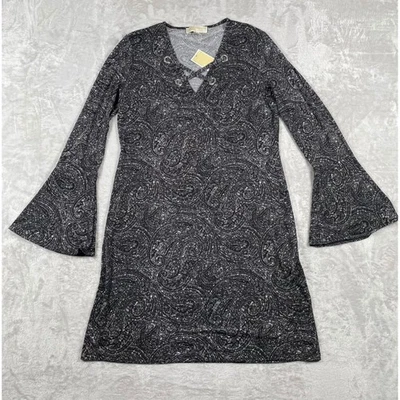 Vestido MICHAEL KORS Negro Estampado Cachemira Manga Campana Cuello en V Talla L Precio de venta sugerido por el fabricante 125 USD Foto 1 de 4