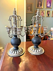 VINTAGE Pair of Table Top CANDELABRA  Candle Holders, Metal & Wood, Fillagree - Picture 1 of 3