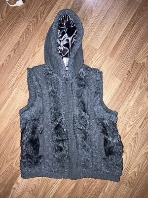Green Tea Vest Women’s L Charcoal Sweater Hooded W/ Faux Fur Taupe Knit — 第 1/4 张图片
