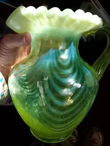 Vintage Fenton Vaseline Topaz Drapery Opalescent Pitcher! EXTREMELY RARE BEAUTY! - Picture 1 of 15