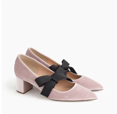 $248 J.Crew Avery 天鹅绒高跟鞋带蝴蝶结-H1859-复古石英/黑色-6,7,7.5,9.5 — 第 1/4 张图片