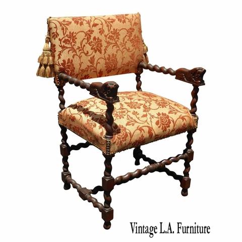 Antique 19th Century French Lion Heads Barley Twist Accent Chair W Tassels Cover