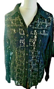 LONE STAR VINTAGE BLOUSE - Black Lace Long Sleeve Black/Silver Buttons UK 16 - Picture 1 of 5