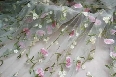 Green Pink Embroidery Floral Tulle Lace Fabric DIY Girl Dress Cloth By the Yard - Image 1 of 4