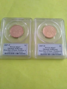 2007-P&D THOMAS JEFFERSON PCGS MS67 FDI POSITION A BUSINESS DOLLAR 2-COIN SET - Bild 1 von 4