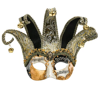 Black Gold Venetian Jester Joker Musical Eye Mask with Bells - Image 1 of 4