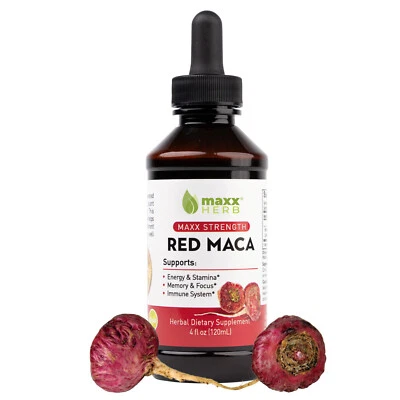 Extrato líquido de raiz de maca vermelha Maxx Herb para energia, resistência, memória e foco, 4 oz - Imagem 1 de 4