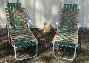 2 Aluminum Chaise Lounge Lawn Chairs Burnt Orange & Green Webbin Vintage Folding - Picture 1 of 17