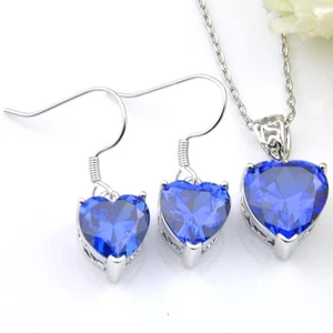New Fire Heart Blue Topaz Silver Dangle Earrings Pendant Necklace Jewelry Set - Picture 1 of 9