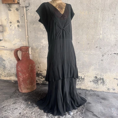 Antique 1920s Black Silk Dress  Sawtooth Detail Full Length Bow Everyday Vintage - Image 1 of 4