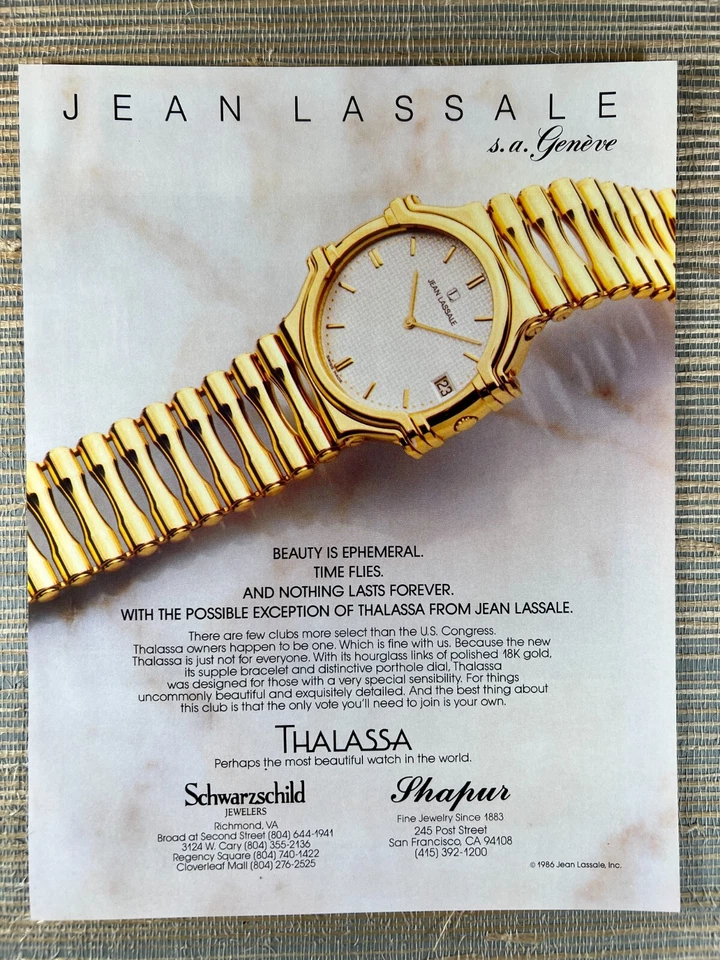 Jean Lassale Thalassa 18K Gold Watch 1986 Schwarzschild Shapur Vintage Print Ad - Image 1 of 1