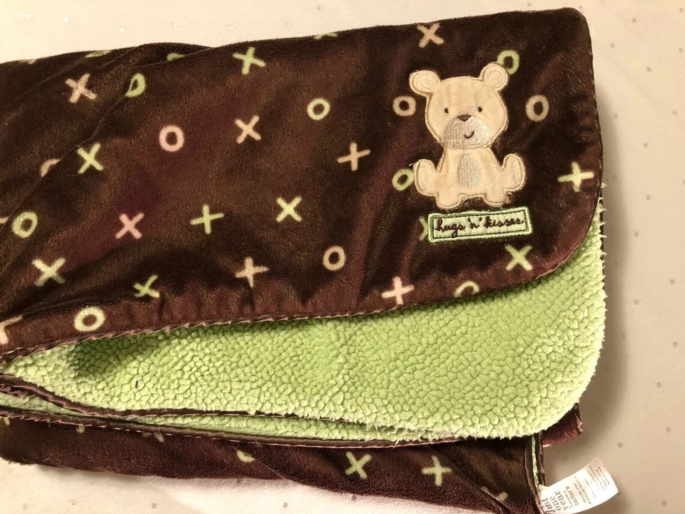 Carter's Just One Year Hugs N Kisses Bear Dog Baby Blanket Brown Green XO Sherpa - Image 1 of 1