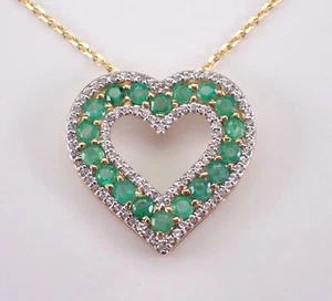 Yellow Gold Emerald Heart Necklace Charm Pendant and Chain - Picture 1 of 5
