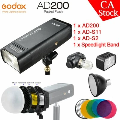 US Godox AD200 2.4G TTL HSS Pocket Flash + AD-S11+ AD-S2 + Speedlight Band - Image 1 of 4